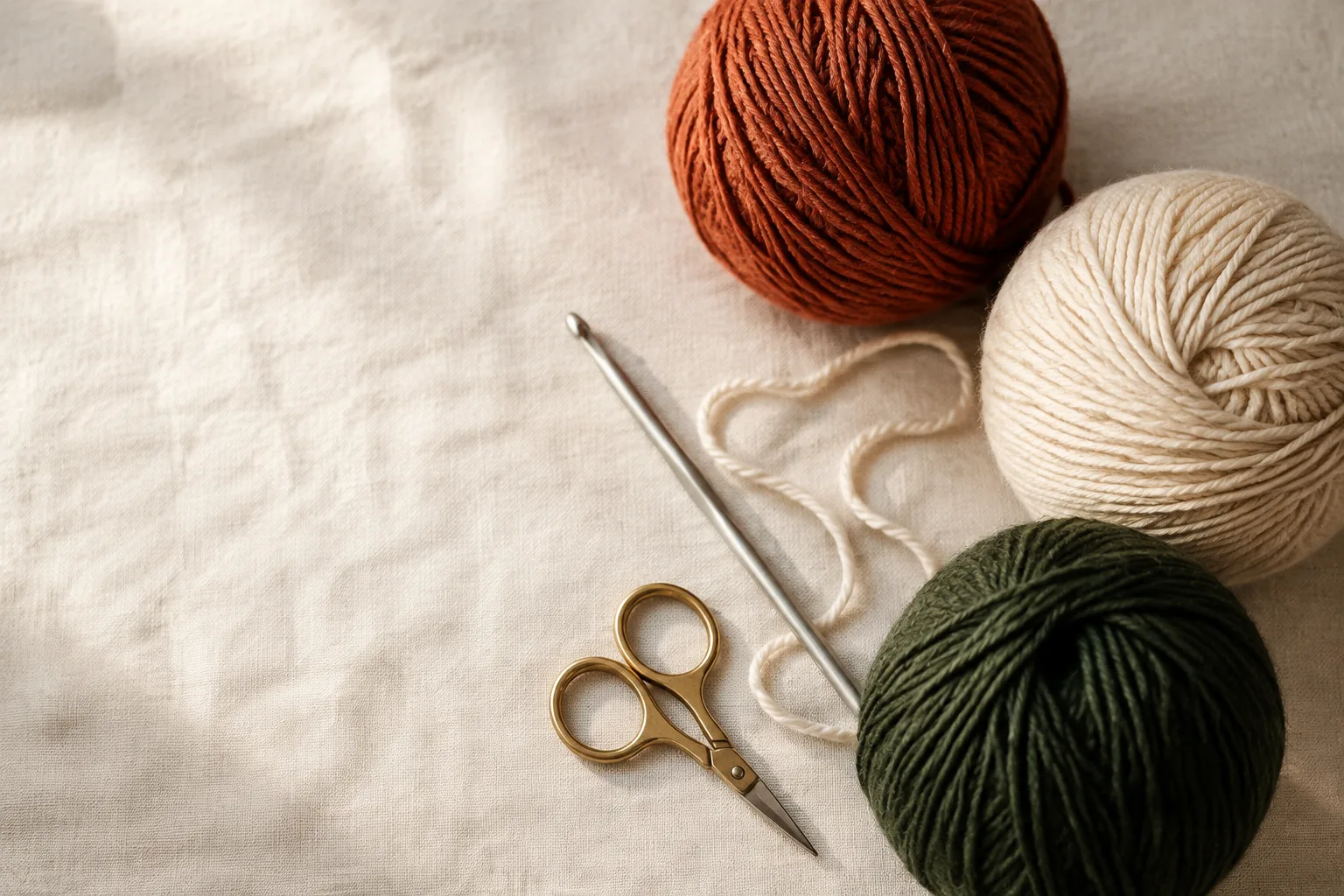 Terracotta, cream and green yarn beside a crochet hook and scissors